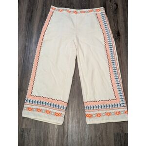 Anthropologie‎ Embroidered Wide Leg Crop Pants Smocked Waist Boho US 14